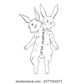 2 sewn bunnies. gothic horror illustration. conceptual idea for tattoo, prints, design. black line drawing. witchcore.