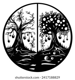 2 side of tree in different condition, olive tree, vector black and white illustration, silhouette