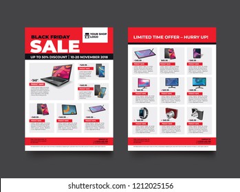 2 sides flyer template for Black Friday Sale Promotion with Sample Product Images, for A4 paper size with 3mm. bleeds area, CMYK Color, Free Font Used, EPS 10 
 