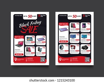 2 sides flyer template for Black Friday Sale Promotion with Sample Product Images, for A4 paper size with 3mm. bleeds area, CMYK Color, Free Font Used, EPS 10 
 