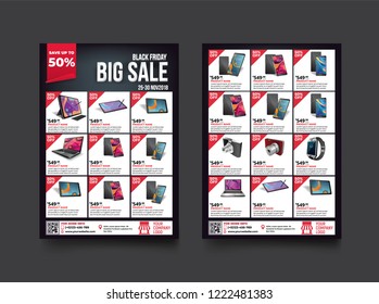 2 sides flyer template for Black Friday Sale Promotion with Sample Product Images, for A4 paper size with 3mm. bleeds area, CMYK Color, Free Font Used, EPS 10 
 