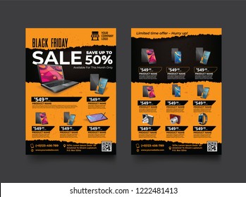 2 sides flyer template for Black Friday Sale Promotion with Sample Product Images, for A4 paper size with 3mm. bleeds area, CMYK Color, Free Font Used, EPS 10 
 