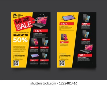 2 sides flyer template for Black Friday Sale Promotion with Sample Product Images, for A4 paper size with 3mm. bleeds area, CMYK Color, Free Font Used, EPS 10 
 