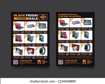 2 sides flyer template for Black Friday Sale Promotion with Sample Product Images, for A4 paper size with 3mm. bleeds area, CMYK Color, Free Font Used, EPS 10 
 