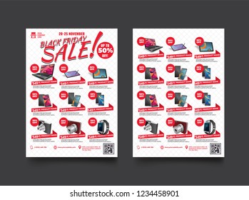 2 sides flyer template for Black Friday Sale Promotion with Sample Product Images, for A4 paper size with 3mm. bleeds area, CMYK Color, Free Font Used, EPS 10 
 