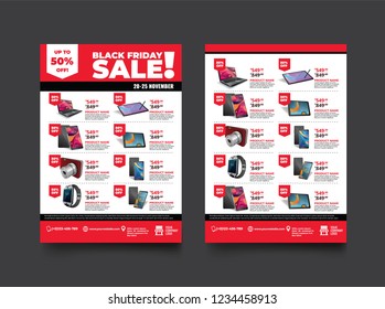 2 sides flyer template for Black Friday Sale Promotion with Sample Product Images, for A4 paper size with 3mm. bleeds area, CMYK Color, Free Font Used, EPS 10 
 