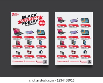 2 sides flyer template for Black Friday Sale Promotion with Sample Product Images, for A4 paper size with 3mm. bleeds area, CMYK Color, Free Font Used, EPS 10 
 