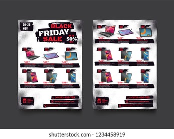 2 sides flyer template for Black Friday Sale Promotion with Sample Product Images, for A4 paper size with 3mm. bleeds area, CMYK Color, Free Font Used, EPS 10 
 