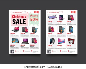 2 sides flyer template for Christmas Sale Promotion with Sample Product Images, for A4 paper size with 3mm. bleed area, CMYK Color, Free Font Used, EPS 10 