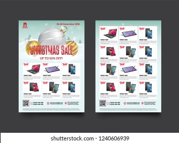 2 sides flyer template for Christmas Sale Promotion with Sample Product Images, for A4 paper size with 3mm. bleed area, CMYK Color, Free Font Used, EPS 10 