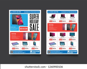 2 sides flyer template for Holiday Sale Promotion with Sample Product Images, for A4 paper size with 3mm. bleeds area, CMYK Color, Free Font Used, EPS 10 