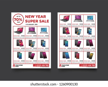 2 sides flyer template for New year Sale Promotion with Sample Product Images, for A4 paper size with 3mm. bleeds area, CMYK Color, Free Font Used, EPS 10 