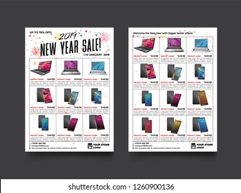 2 sides flyer template for New year Sale Promotion with Sample Product Images, for A4 paper size with 3mm. bleeds area, CMYK Color, Free Font Used, EPS 10 