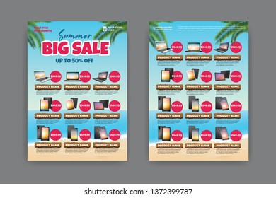 2 sides flyer template for Summer Sale Promotion with Sample Product Images, for A4 paper size with 3mm. bleeds area, CMYK Color, Free Font Used, EPS 10 