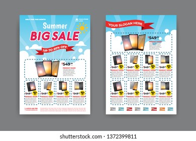 2 sides flyer template for Summer Sale Promotion with Sample Product Images, for A4 paper size with 3mm. bleeds area, CMYK Color, Free Font Used, EPS 10 