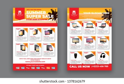 2 sides flyer template for Summer Sale Promotion with Sample Product Images, for A4 paper size with 3mm. bleeds area, CMYK Color, Free Font Used, EPS 10 