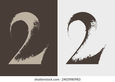 2 sign. Number two serif logo with dry brush strokes. Classic style font. Grunge textured and rough edges elements. Perfect for fashion label, vintage headline, luxury identity, wedding invitation.