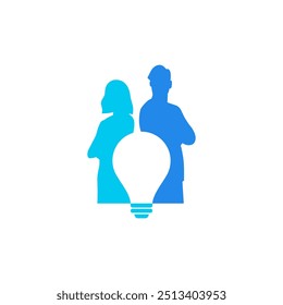 2 silhouette figures of man and woman with light bulb in the middle in negative space - teamwork logo ideas - editable vector