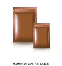 2 sizes blank brown copper or rose gold flat foil zip bag for food, healthy or beauty product. Isolated on white background with shadow. Ready to use for package design. Vector illustration.