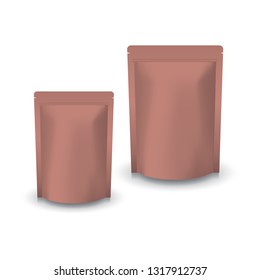 2 sizes blank copper standing ziplock bag for food or healthy product. Isolated on white background with shadow. Ready to use for package design. Vector illustration.