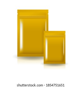 2 sizes blank gold flat foil zip bag for food, healthy or beauty product. Isolated on white background with shadow. Ready to use for package design. Vector illustration.