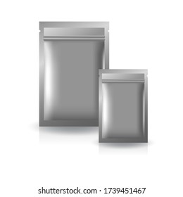 2 sizes blank silver flat foil zip bag for food, healthy or beauty product. Isolated on white background with shadow. Ready to use for package design. Vector illustration.