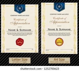 2 sizes of Certificate of Appreciation with laurel wreath and wax seal portrait version