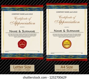 2 sizes of Certificate of Appreciation with laurel wreath and wax seal portrait version