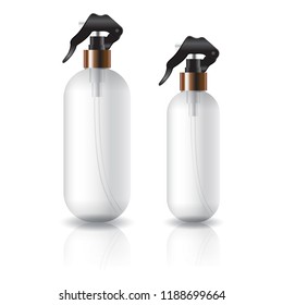 2 sizes of clear oval round cosmetic bottle with spray head for beauty or healthy product. Isolated on white background with reflection shadow. Ready to use for package design. Vector illustration.