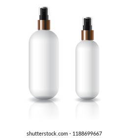 2 sizes of white oval round cosmetic bottle with spray head for beauty or healthy product. Isolated on white background with reflection shadow. Ready to use for package design. Vector illustration.