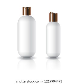 2 sizes white oval round cosmetic bottle with copper push on cap for beauty,  healthy product. Isolated on white background with reflection shadow. Ready to use for package design. Vector illustration