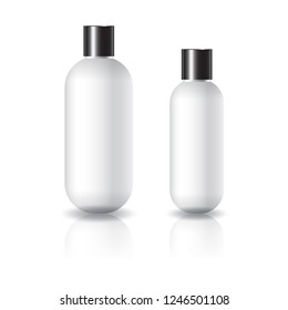 2 sizes white oval round cosmetic bottle with black plain lid for beauty, healthy product. Isolated on white background with reflection shadow. Ready to use for package design. Vector illustration.