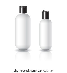 2 sizes white oval round cosmetic bottle with black push on cap for beauty, healthy product. Isolated on white background with reflection shadow. Ready to use for package design. Vector illustration.