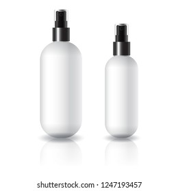 2 sizes white oval round cosmetic bottle with black spray head for beauty or healthy product. Isolated on white background with reflection shadow. Ready to use for package design. Vector illustration.