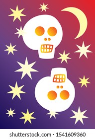 2 skulls on the background of the moon and stars. Horror and fear for the holiday of Halloween. Red, yellow and purple. Vector graphics  art.