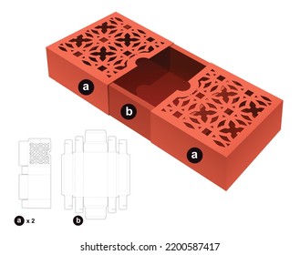 2 sliding box with stenciled pattern die cut template and 3D mockup