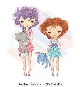 2 small girlfriends with toy and cat, vector illustration 