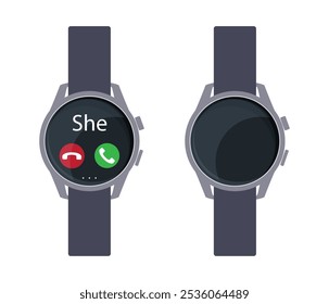 2 smart watches circle shape. Left one with call, icons on screen and text She. Right one with empty dark screen. Vector isolated on white.