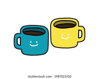 2 tonalidades de doodle de dos tazas graciosas sobre fondo blanco. para impresión, web, móvil e infografía. Ilustración dibujada a mano por vector circular aislada.