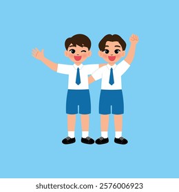 2 Smiling Kids Boys Student in School Uniform Hugging together illustration 