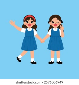 2 Smiling Kids Girls Student in School Uniform Holding Hand together illustration 