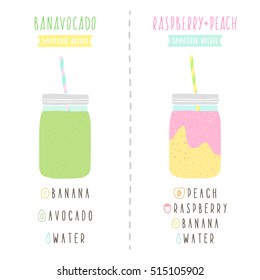 2 Smoothie Recipes. Banana+avocado And Peach Raspberry. Vegan, Healthy, Delicious. Vector Hand Drawn Illustration.