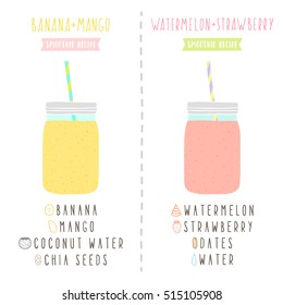 2 smoothie recipes. Banana+mango and strawberry+watermelon. Vegan, raw, healthy, Vector hand drawn isolated illustration.