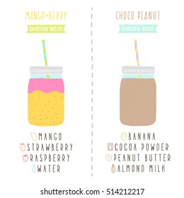 2 smoothie recipes. Mango-berry and choco-peanut. Vegan, raw, healthy. Vector hand drawn illustration.