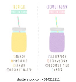 2 smoothie recipes. Tropical and coconut berry. Vector hand drawn illustration