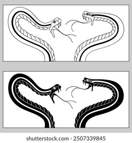 2 snakes facing each other in an attack position, drawn in black silhouette and with black outlines without background, symbol of the Chinese New Year 2025.