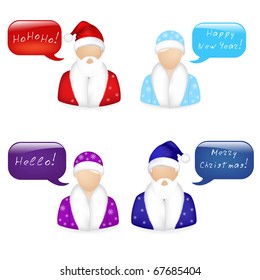 2 Snow Maiden And 2 Santa Claus Icons With Dialog Bubbles, Isolated On White, Vector Illustration