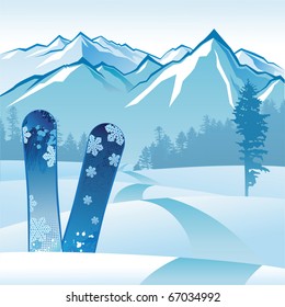 2 snowboards on landscape background