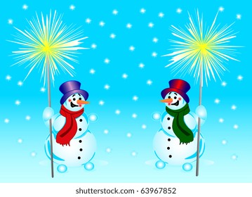 2 snowmans with a bengal fire on a background of falling snowflakes