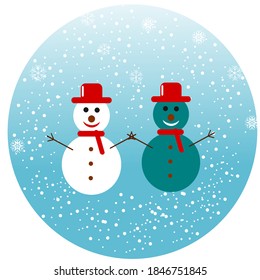 2 Snowmans wearing a hat and a red scarf Standing in the snow falling, holding hands on the blue background. Merry Christmas and Happy new year background.